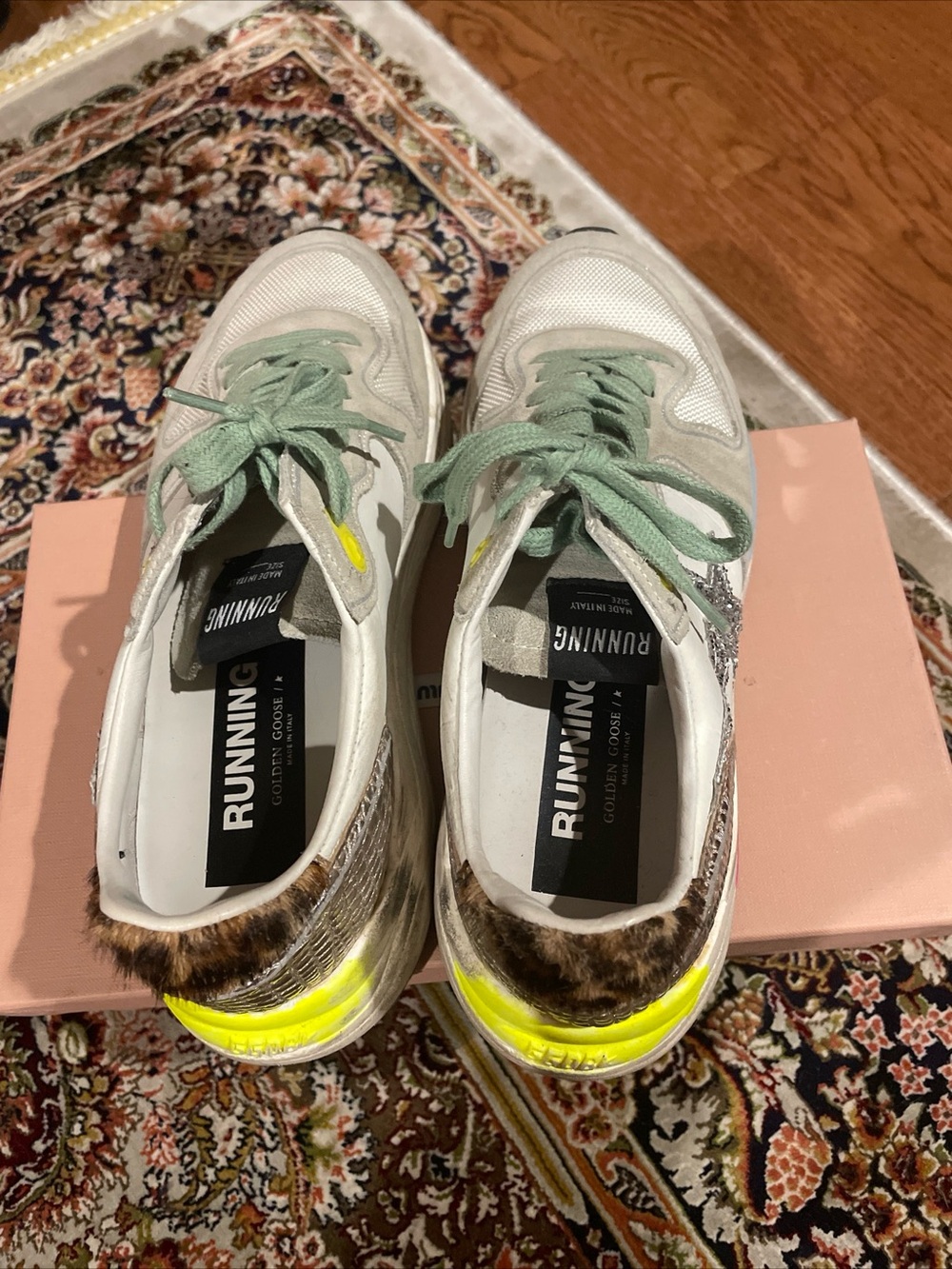 Golden Goose White Sneakers with Mint Laces and Neon Yellow Heel Accent